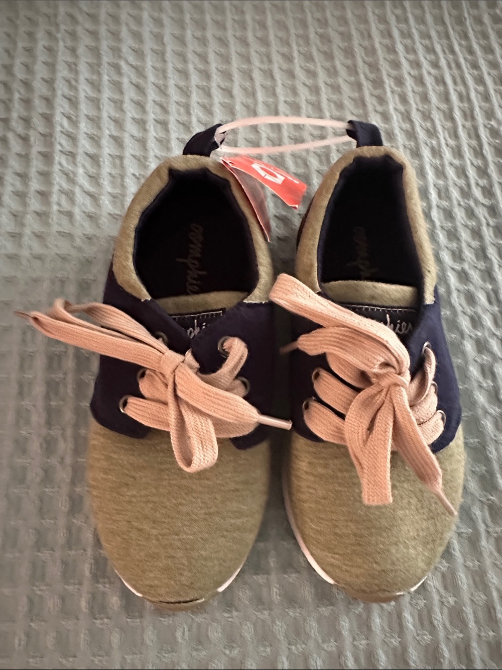 NWT Kids Casual Lace-Up Sneakers in Olive and Navy with tan Laces